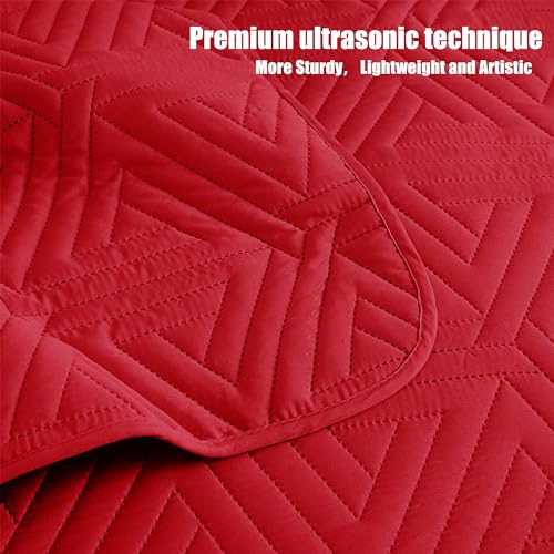 Whale Flotilla Soft Twin Size Quilt Set for All Seasons, 2-Piece Ultrasonic Geometric Quilts Bedding Set, Lightweight Reversible Bedspread, Coverlet, Bed Cover with Pillow Sham, Red Whale Flotilla