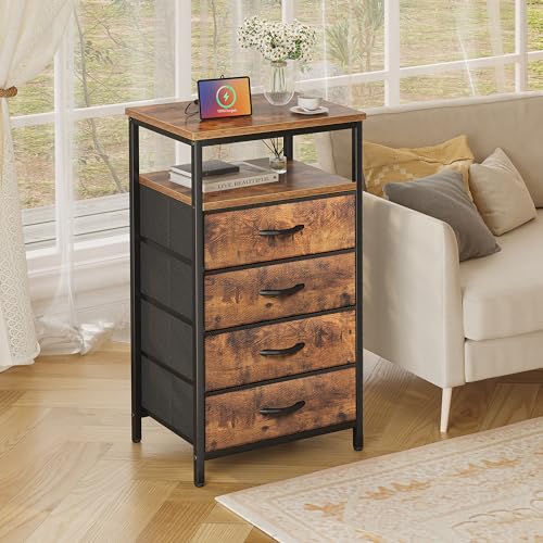 Huuger Night Stand with Charging Station, Set of 2, 4 Drawer Dresser for Bedroom, Bedside Table, 33.9 Inch Tall Nightstand with Open Shelf, End Table, for Closet, Entryway, Bedroom, Rustic Br - WoodArtSupply