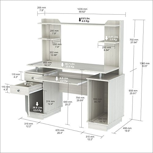 Inval America Computer Work Center with Hutch, 19.5 x 48.62 x 53.5, Washed Oak Inval