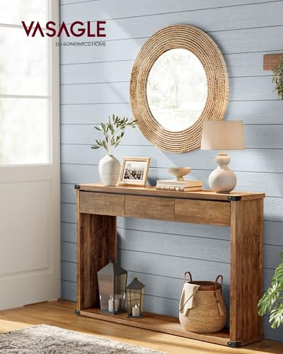 VASAGLE Sofa Console Table, 47.2 Inches Narrow Entryway Table with 3 Drawers, Bottom Shelf, Metal Corners, for Living Room, Bedroom, Farmhouse Style, Honey Brown ULNT143KB01S VASAGLE