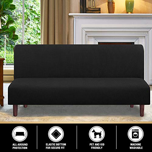 PrinceDeco Stretch Armless Futon Cover Futon Slipcover Full Queen Size Futon Couch Sofa Cover Bed Cover Furniture Protector with Elastic Bottom, Checked Pattern Jacquard, Black PrinceDeco