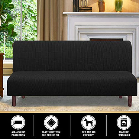 PrinceDeco Stretch Armless Futon Cover Futon Slipcover Full Queen Size Futon Couch Sofa Cover Bed Cover Furniture Protector with Elastic Bottom, Checked Pattern Jacquard, Black PrinceDeco