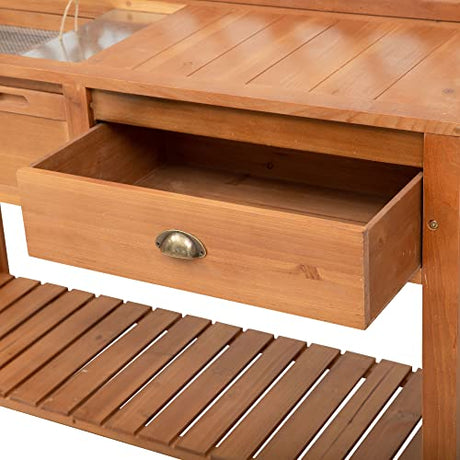 Outsunny Garden Potting Bench, Outdoor Wooden Workstation Table w/Metal Screen, Drawer, Hooks, Storage Shelf, and Lattice Back for Patio, Backyard and Porch Outsunny