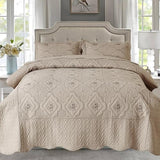 Cmfshape Floral Embroidery Quilt Set,3 Pieces King Quilt Bedding Set,Classic Diamond Pattern Quilts,Ultra Soft Lightweight Reversible Bedspread Coverlets for All Season(Taupe,102"x90") Cmfshape