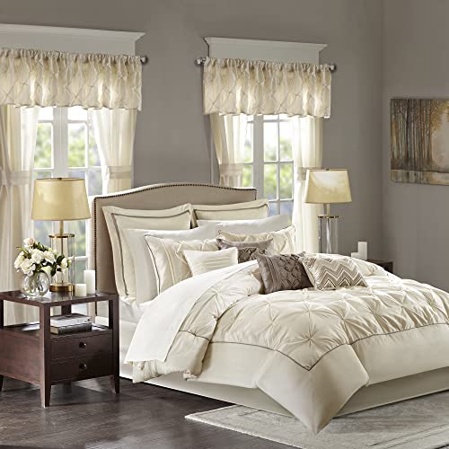 Madison Park Essentials Room in a Bag Faux Silk Comforter Set - Luxe Diamond Tufting All Season Bedding, Matching Curtains, Decorative Pillows, Ivory King(104"x92") 24 Piece Madison Park