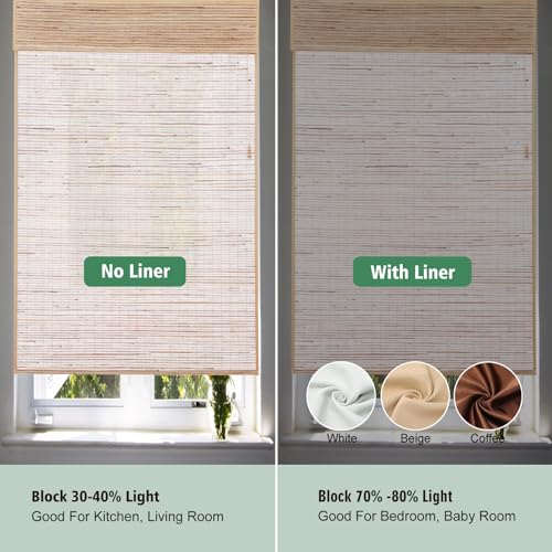 Yin Yang Cordless Blackout Bamboo Roman Shades, Natural Woven Wood Bamboo Shades with Border, Custom Indoor Privacy Lined Bamboo Roman Blinds for Windows, Doors, High Ladder - WoodArtSupply