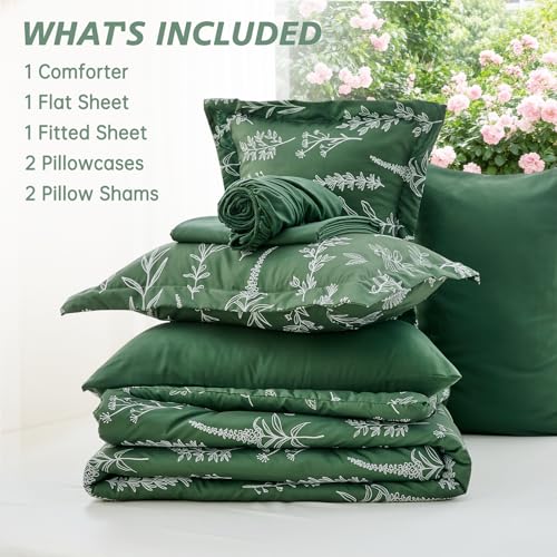 MUXHOMO Dark Green Bed in a Bag Queen 7 Pieces, Queen Comforter Set Reversible Botanical Flowers Design, Ultra Soft & Breathable Bedding Sets with Comforter, Sheets, Pillowcases & Shams