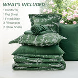 MUXHOMO Dark Green Bed in a Bag Queen 7 Pieces, Queen Comforter Set Reversible Botanical Flowers Design, Ultra Soft & Breathable Bedding Sets with Comforter, Sheets, Pillowcases & Shams