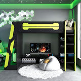 SOFTSEA Twin Gaming Loft Bed with Desk & RGB Lights, Wood Loft Bed Frame with Storage Shelves & Charging Station, Twin Size Gaming Bed for Teens & Kids Bedroom, Green SOFTSEA