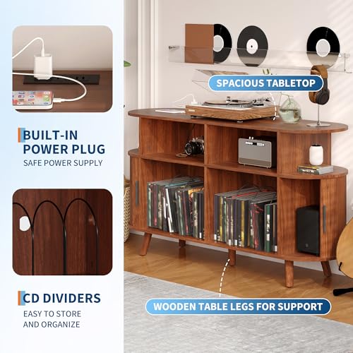 55'' Fluted Mid Century Modern Turntable Cabinet with Vinyl Storage, Large Round Record Player Stand with Charging Station and Display Shelf, Arched Wood Record Player Table for Living Room Garvee