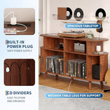 55'' Fluted Mid Century Modern Turntable Cabinet with Vinyl Storage, Large Round Record Player Stand with Charging Station and Display Shelf, Arched Wood Record Player Table for Living Room Garvee