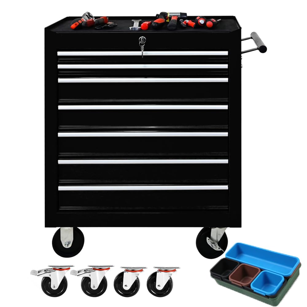 7 Drawer Tool Chest with Wheels,Metal Locking Black Rolling Tool Box with Tool Organizer Trays for Tool Storage Organizer,Portable Standing Mechanic Toolbox for Garage,30 In Tall Tool Cabinet - WoodArtSupply