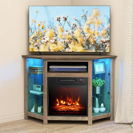COSTWAY Electric Fireplace Corner TV Stand with 16-Color LED Lights, 3 Brightness, Remote and APP Control, Modern Electric Fireplace Entertainment Center for TVs Up to 50 Inches, Gray COSTWAY