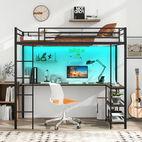 Giantex Twin Loft Bed with L-Shaped Desk, Metal Loft Bed Frame with LED Lights, Charging Station & 3 Storage Shelves, Safety Guardrail & Ladder, Loft Bed for Teens Juniors, No Box Spring Needed, Black Giantex