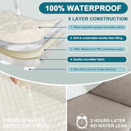 Turquoize 100% Waterproof Futon Cover Futon Slipcover Washable Armless Sofa Bed Slipcover Protector Seat Width Up to 70" with Adjustable Elastic Strap Anti-Slip for Dogs, Ivory Turquoize