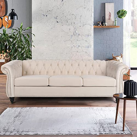 RARZOE Chesterfield Classic Sofa, Mordern 3 Seater Velvet Sofa Couch, Tufted Back Chesterfield Settee Sofas with Nailhead Trim Scroll Arms for Living Room Apartment(Beige) RARZOE