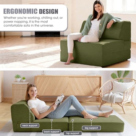 Kasunpul Folding Sofa Bed with Pillow, Memory Foam Fold Out Chair Bed, Convertible Sleeper Chair with Washable Cover, Futon Floor Couch for Living Room/Dorm/Guest Use/Home Office/Apartment, Green Kasunpul