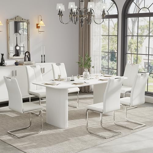 RGZ Modern Oval Dining Table Set for 6, 71" Cream White Kitchen Table with Ripple Legs & 6 White Silver Faux Leather Chairs, Easy to Clean Dinner Table Set for Office, Home, Dining Room RGZ