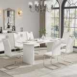RGZ Modern Oval Dining Table Set for 6, 71" Cream White Kitchen Table with Ripple Legs & 6 White Silver Faux Leather Chairs, Easy to Clean Dinner Table Set for Office, Home, Dining Room RGZ