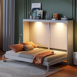 Polibi Queen Size Murphy Bed Wall Bed Cabinet with LED Lights, Space Saving Folding Bed for Home Office and Guest Room, Easy Pull-Down Mechanism, White Polibi