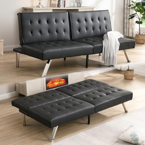 Anwick Sofa Bed, Modern Convertible Folding Futon Couch, Adjustable Sleeper Sofa Bed, Upholstered in Faux Leather for Living Room, Apartment, or Office (Black Leather) Anwick