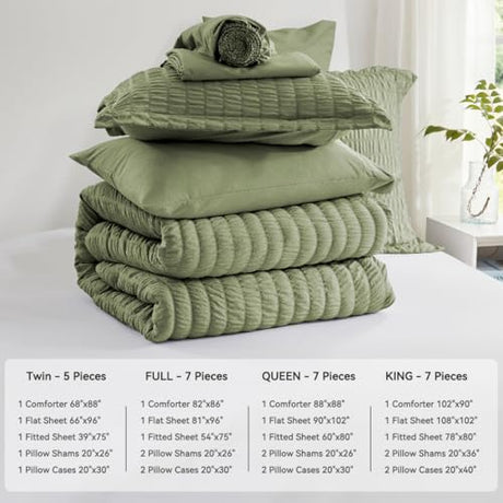 Zzlpp Twin Comforter Set 5 Pieces, Olive Green Seersucker Bed in a Bag with Comforter and Sheets, All Season Bedding Sets with 1 Comforter, 1 Pillow Sham, 1 Pillowcase, 1 Flat Sheet, 1 Fitted Sheet Zzlpp