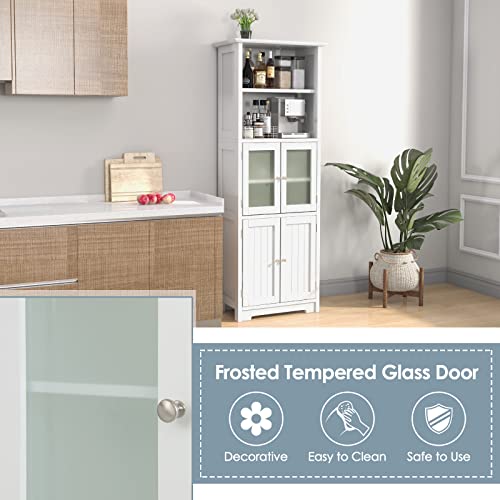 Tangkula Tall Bathroom Storage Cabinet, Freestanding Floor Cabinet w/2 Glass Doors & 2 Open Shelves, 3-Position Adjustable Shelves, Anti-toppling Design, 64” Tall Pantry Cupboard for Kitchen Tangkula