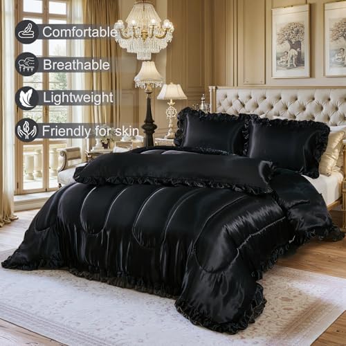 Satin Queen Comforter Set Silk Like Satin Bedding Set Hotel Soft Polyester Black Bed Set Luxury Silky Pillow Cover with Quilt Set Ruffle Down Comforter Home Decor Bedding_Dreamer