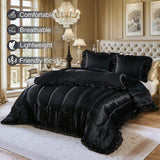 Satin Queen Comforter Set Silk Like Satin Bedding Set Hotel Soft Polyester Black Bed Set Luxury Silky Pillow Cover with Quilt Set Ruffle Down Comforter Home Decor Bedding_Dreamer