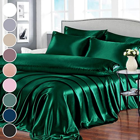 Homiest 7pcs Satin Sheets Queen Size Bed Set - Blackish Green Luxury Silky Satin Bedding - 1 Deep Pocket Fitted Sheet, 1 Soft Flat Sheet, 4 Pillowcases, 1 Body Pillowcase Homiest