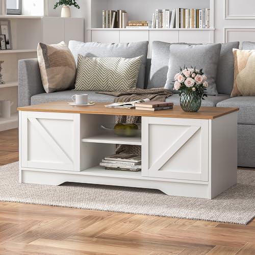 VONLUCE Farmhouse Coffee Table with Sliding Doors, 47 in Rustic Coffee Table with Dual Storage Cabinets & Adjustable Shelf, Modern Rectangular Center Table for Living Room Office, White & Walnut