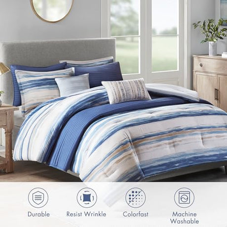 Madison Park Marina Comforter Quilt Combo Set - Modern Luxury Design, All Season Down Alternative Bedding, Matching Shams, Decorative Pillows, King/Cal King(104"x92") Seersucker Blue 8 Piece Madison Park