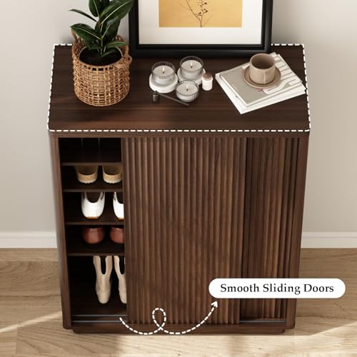 WINWY Fluted Shoe Cabinet with Sliding Door, 6-Tier Large Hidden Storage Organizer Modern Shoe Rack with Adjustable Shelves, Mid Century Freestanding Wooden Shoe Storage Cabinet for Entryway,Walnut WINWY