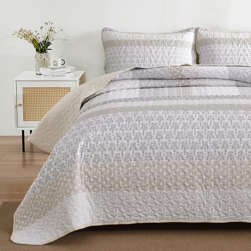 WONGS BEDDING Beige Quilt Queen Size, Bohemian Stripe Quilt Sets 3 Pieces Beige Boho Quilted Bedspread Set Lightweight Microfiber Coverlet Bedding Set All Season (96"x90") WONGS BEDDING