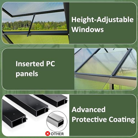 VIWAT 4x6 FT Greenhouse for Outdoors, Polycarbonate Greenhouse with Quick Setup Structure and Roof Vent, Aluminum Large Walk-in Greenhouse for Outside Garden Backyard, Black VIWAT