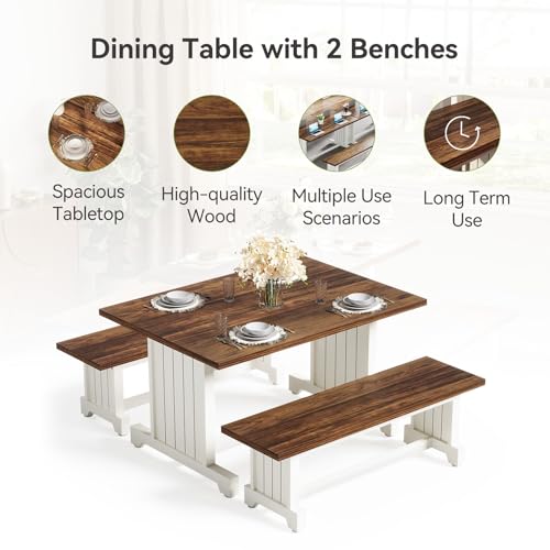 LITTLE TREE Dining Table Set for 4 with 2 Benches, Modern Kitchen Table with MDF Board, Space-Saving Dinette for Kitchen, Dining Room, Brown and White LITTLE TREE
