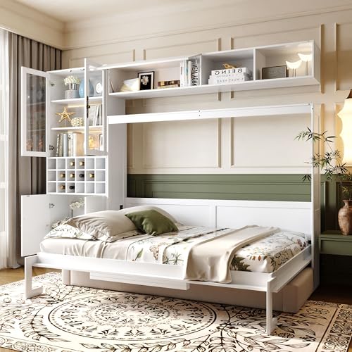Merax Full Size Murphy Bed Wall Bed with Sofa, Shelves, USB & Light - Space Saving Foldable Bed for Small Apartments, White Merax