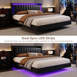 Belffin Floating Bed Frame Queen Size with LED Lights & Charging Station, Wooden Headboard with Hidden Storage and Faux Leather Backrest, Easy Cleaning, No Box Spring Needed, Noise-Free, Black Belffin
