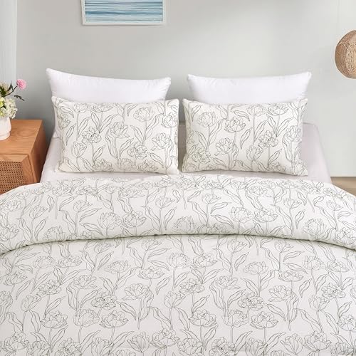 Arianaut Cotton Printed Comforter Set – Soft & Breathable Bedding Quilt Set with Microfiber Fill – Includes 1 Comforter & 2 Pillowcases – Lightweight & All-Season (White Printed, Queen) Arianaut