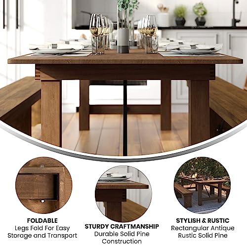 Flash Furniture Hercules Commercial Grade Farmhouse Dining Table | Solid Pine Foldable Table for 10 in Antique Rustic | Rustic Charm for Home and Events Flash Furniture