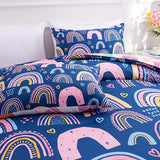 Btargot Lightweight Soft 3 Piece Rainbow Comforter Set with 2 Pillow Covers, Cartoon Love Hearts Suns and Stars Bedding Set for Girls Boys Kids, Twin Dark Blue Btargot