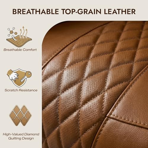 Watson & Whitely Genuine Leather Wall Hugger Power Recliner Chair with Power Headrest, Heating & Cooling, Electric Lay Flat Recliner with Cup Holders & Armrest Storage for Living Room, Saddle Brown