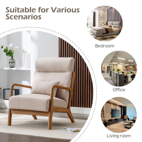 INZOY Mid Century Modern Accent Chair with High Back, Upholstered Living Room Chairs with Waist Cushion, Wood Frame Reading Armchair for Bedroom Sunroom, Beige INZOY