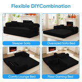 Mjkone 78.7"W Convertible Folding Mattress Couch with Armrest, Corduroy Floor Sofa Bed with Metal Fixed-Shape Frame, 5-in-1 DIY Futon Lazy Sofa Cama Lounge Couch for Living Room Bedroom Studio, Black Mjkone