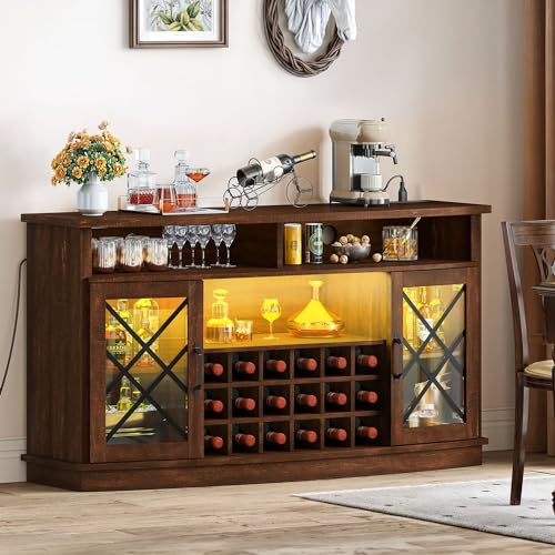 DWVO Wine Bar Cabinet with LED Light, 58'' Large Wine Cabinet w/Storage, Tempered Glass Doors, Adjustable Shelf, 32'' Tall Coffee Bar for Living Room, Dining Room, Rustic Brown - WoodArtSupply