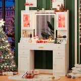 White Vanity Desk with Mirror, Lights and Charging Station - Large Makeup Table Set with RGB Cabinets and 3 LED Light Modes CSZZD
