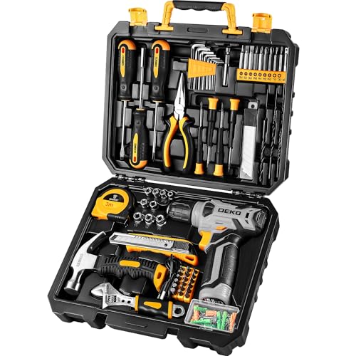 DEKOPRO 126 Piece Power Tool Combo Kits with 8V Cordless Drill, 10MM 3/8'' Keyless Chuck, Professional Household Home Tool Kit Set, DIY Hand Tool Kits for Garden Office House Repair DEKOPRO
