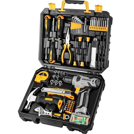 DEKOPRO 126 Piece Power Tool Combo Kits with 8V Cordless Drill, 10MM 3/8'' Keyless Chuck, Professional Household Home Tool Kit Set, DIY Hand Tool Kits for Garden Office House Repair DEKOPRO