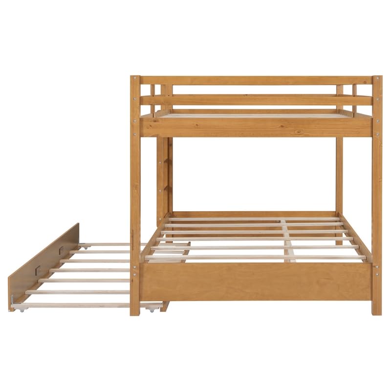 Merax Queen Size Bed with Trundle - Space-Saving Solid Wood Frame, Built-in Safety Rails and Ladderm, Wood Merax