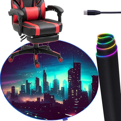 DEALZOOM Gaming Chair Mat LED RGB Gaming Lights (Skyline 47”) - Noise Cancelling, Anti-Slip Gamer Floor Mat – Scratch Resistant Computer Gaming Mat for Chair – Office Chair Mat for Hardwood Floor DEALZOOM